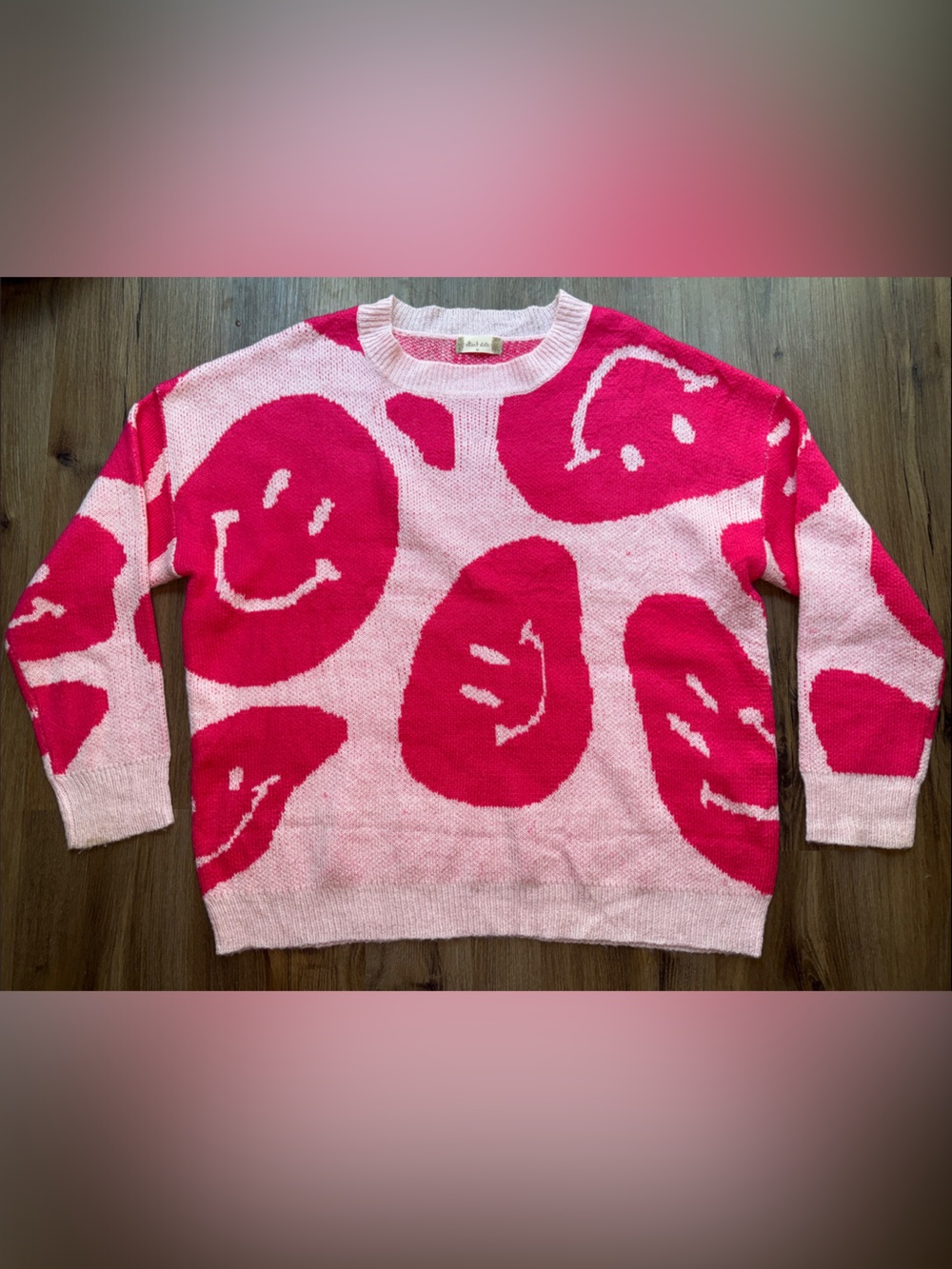 Altar'd State Pink & Hot Pink Smiley Face Crewneck Sweater